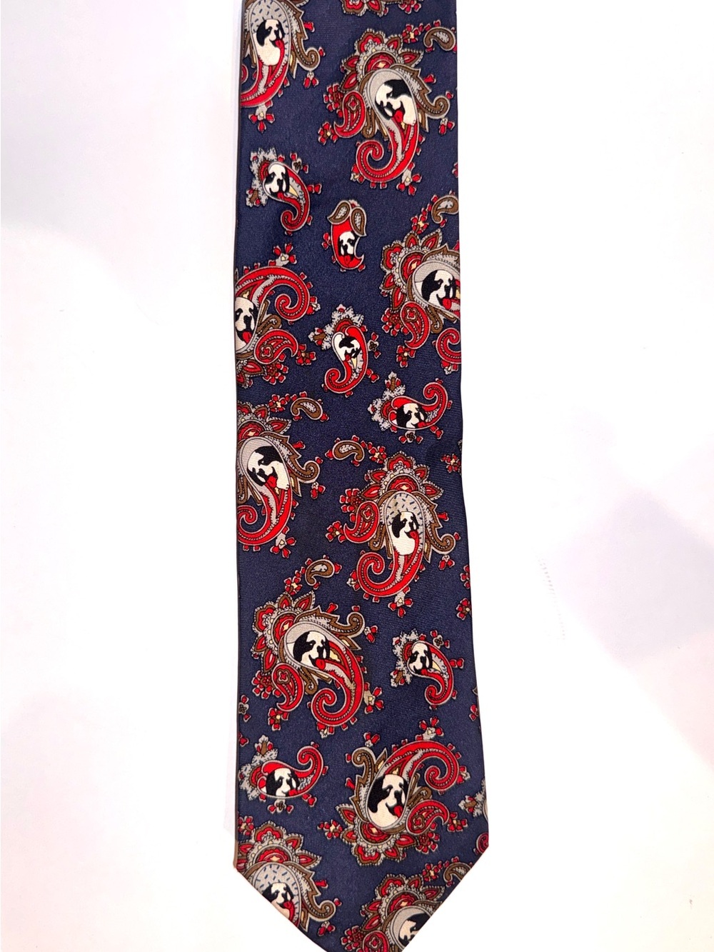 100% Silk Handmade Vintage “Big Dogs” Men's Navy and Red Paisley Patterned Tie